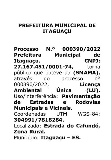 LICENÇA AMBIENTAL OBTIDA - PREFEITURA MUNICIPAL DE ITAGUAÇU
